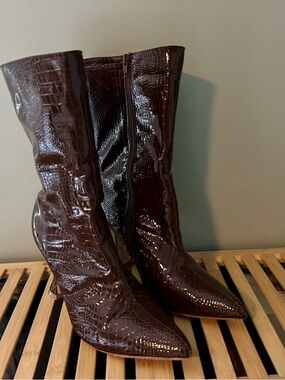 Chase + Chloe Croc-Embossed Pointed Toe Brown Patent Mid-Calf Boots